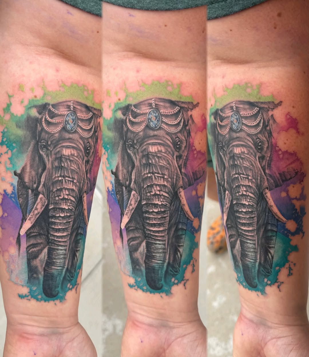 Watercolor elephant tattoo by Chelsea Hartman