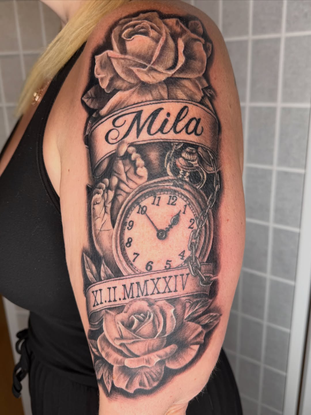 Rose and pocket watch tattoo by Chelsea Hartman