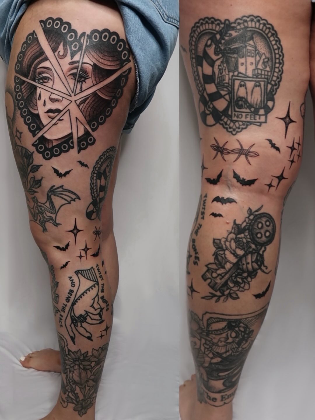 Blackwork leg tattoos by Chelsea Hartman