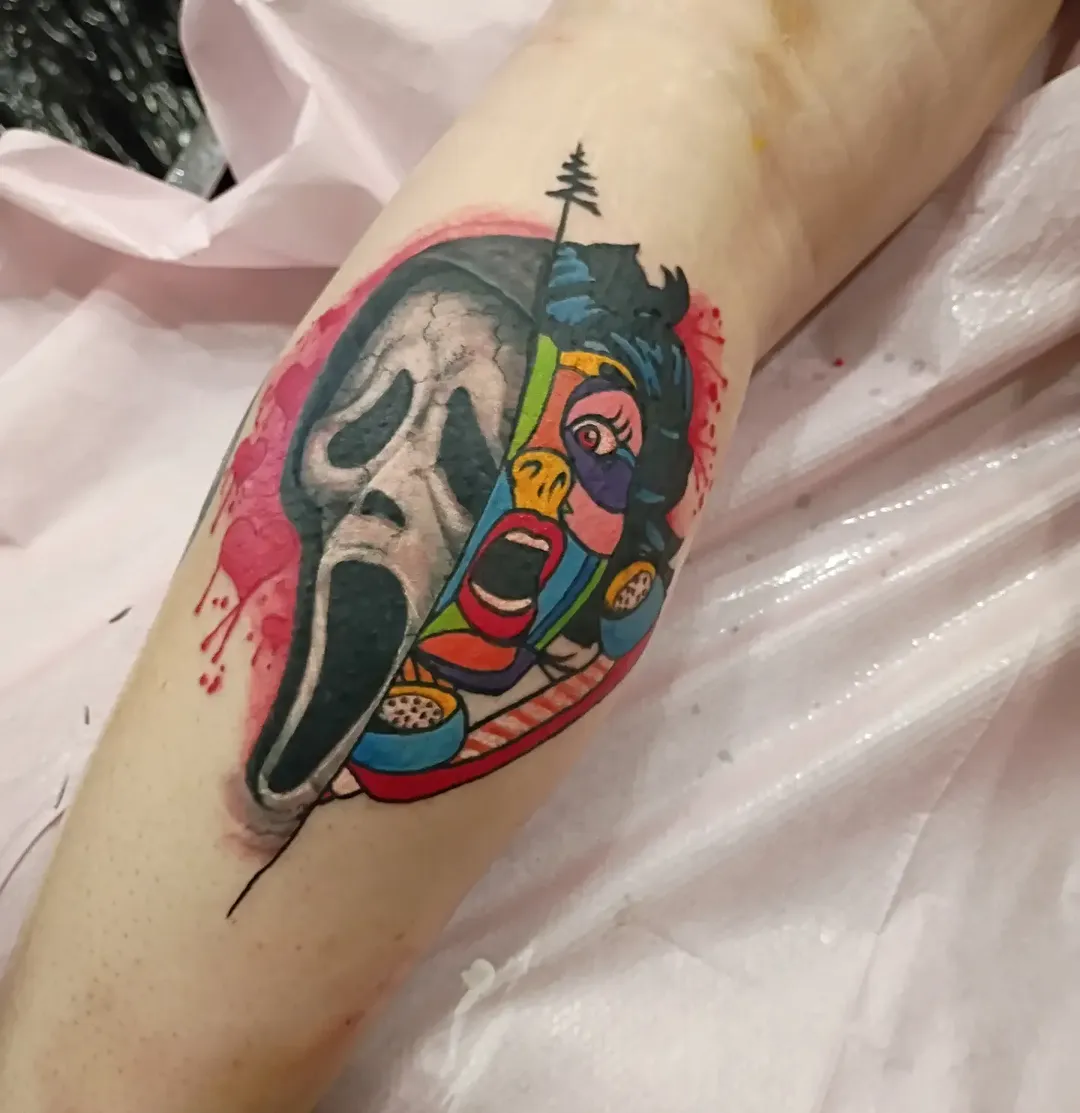 Color Ghostface tattoo by Nolan Schneider