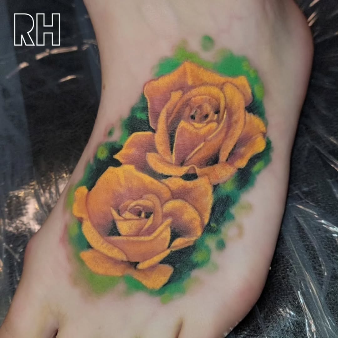 Yellow rose foot tattoo by Ronnie Hicks